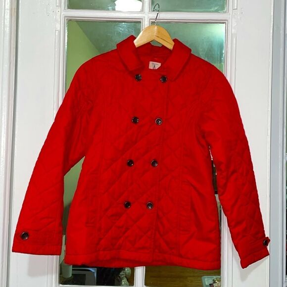 Lands end red quilted light full zip jacket collared pea coat size large 14 - Picture 1 of 15